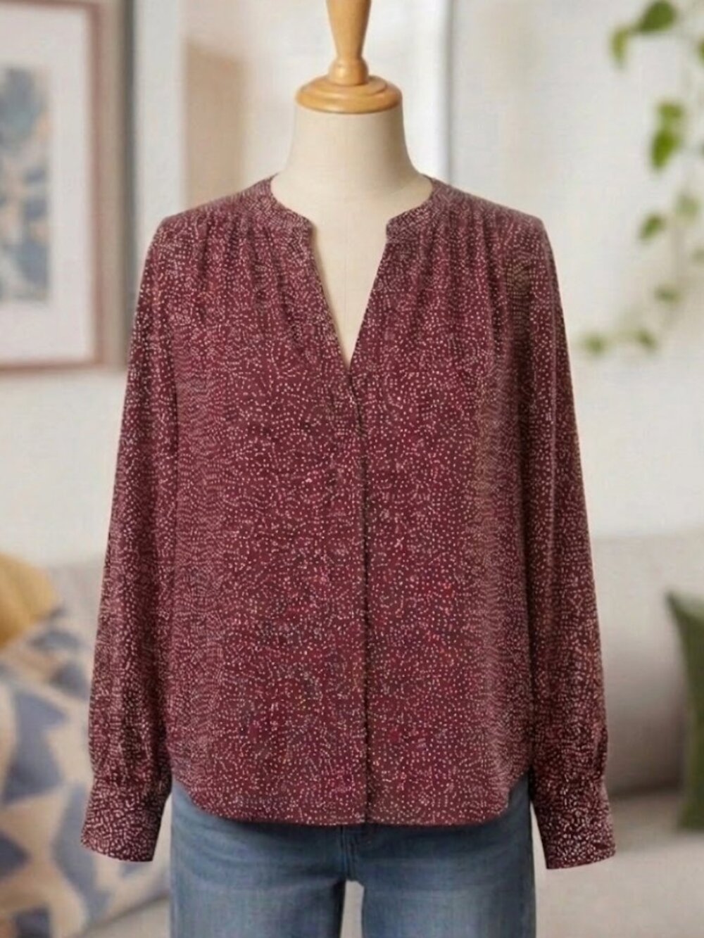 GAP XL Burgundy and White Abstract Dot Patterned Blouse